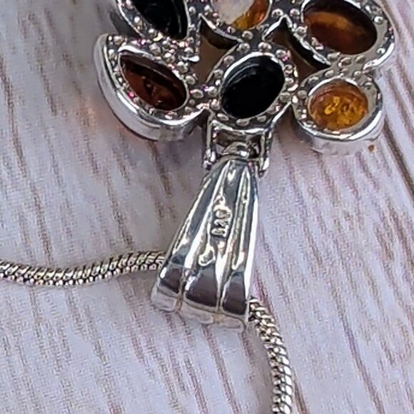 Unique Sterling Silver Pendant Necklace With Multicolor Baltic Amber Stones - Picture 6 of 9